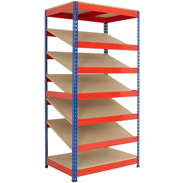 Shelving bay with 5 sloping shelves